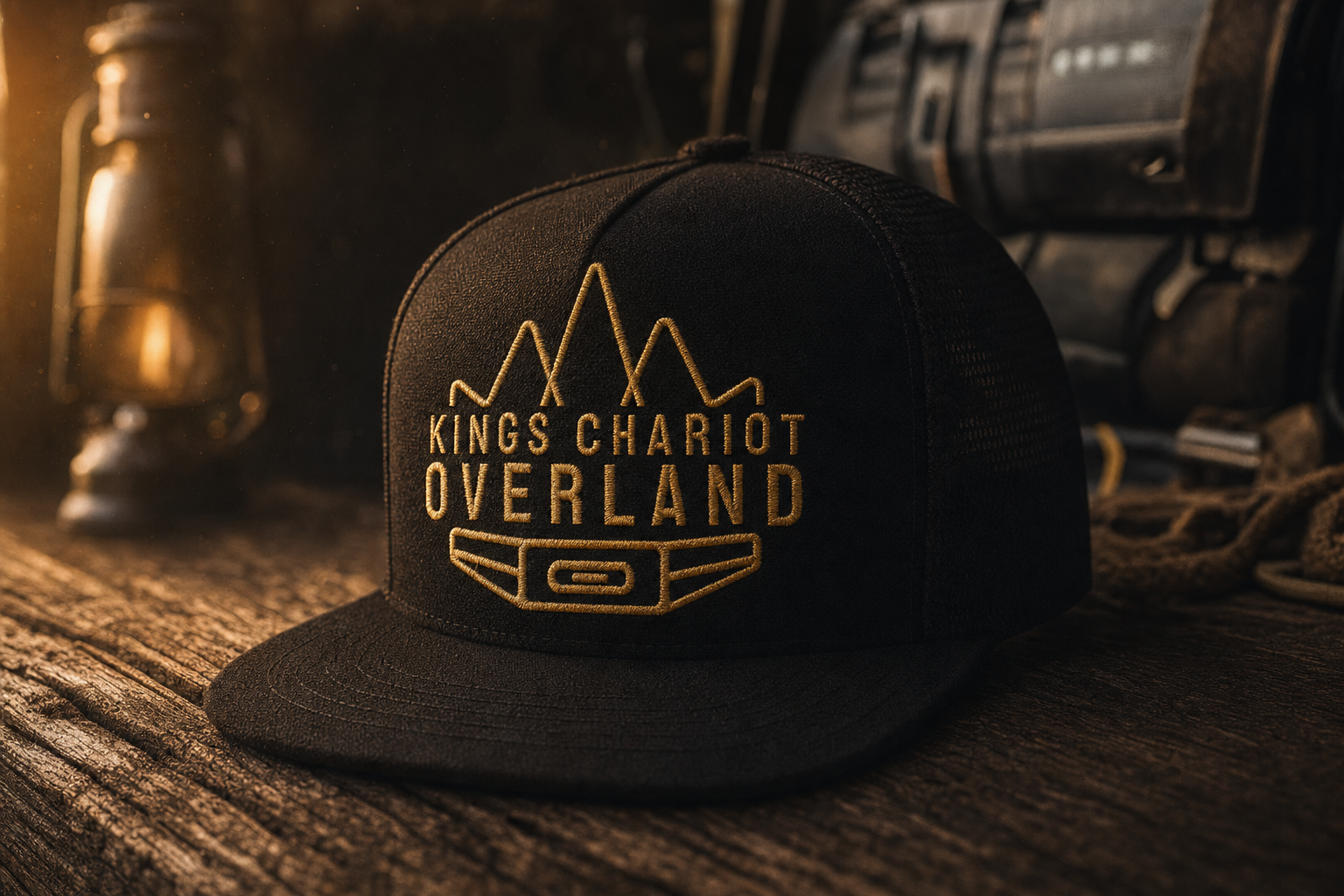 Embroidered black trucker hat featuring the King's Chariot Overland mountain-crown logo in metallic gold thread